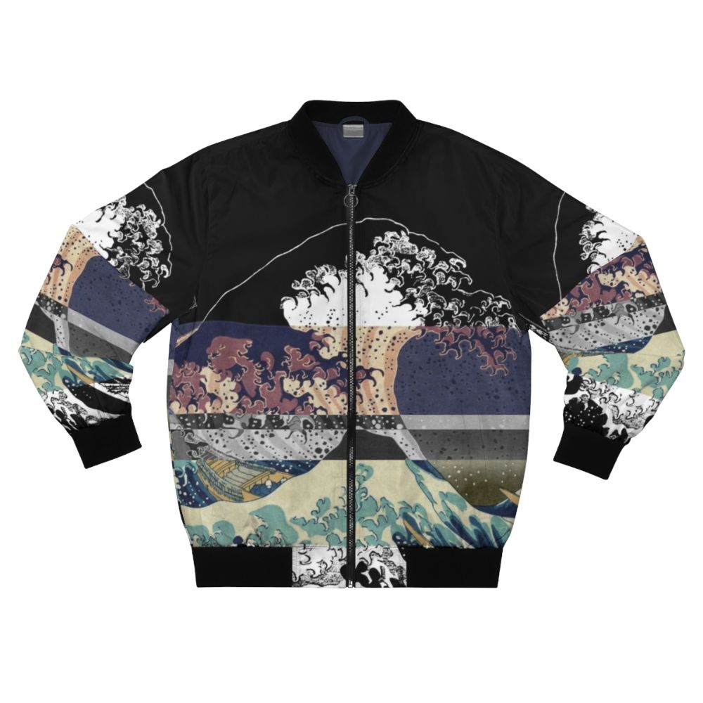 A bomber jacket featuring a colorful, glitched version of Hokusai's famous "The Great Wave" design.