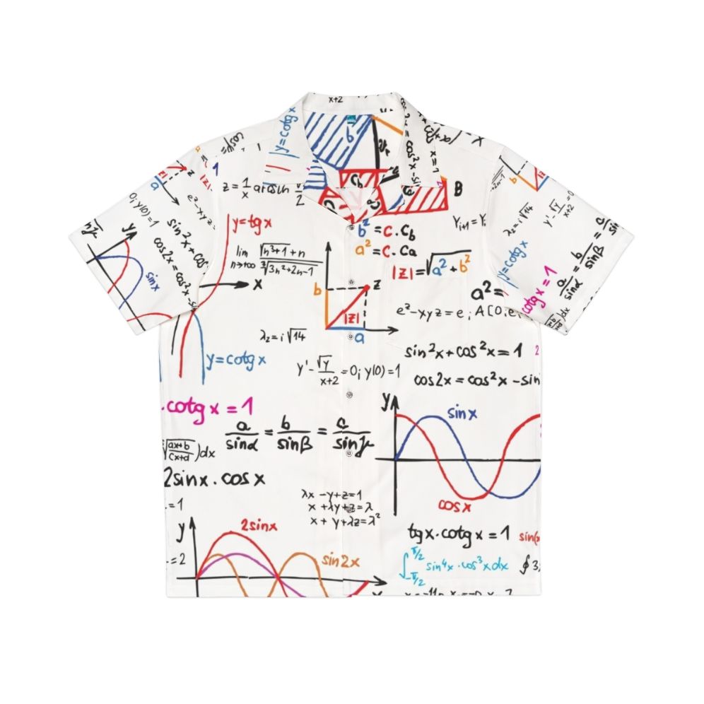 Mathematics formulas and numbers printed on a colorful Hawaiian shirt