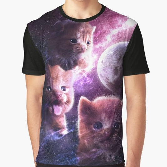 A graphic t-shirt featuring a degenerate moon design and a cute orange cat.