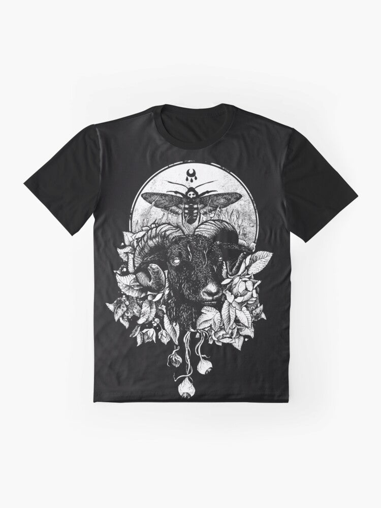 A gothic, dark, occult metal graphic t-shirt with a goat, witch, and other dark elements. - Flat lay