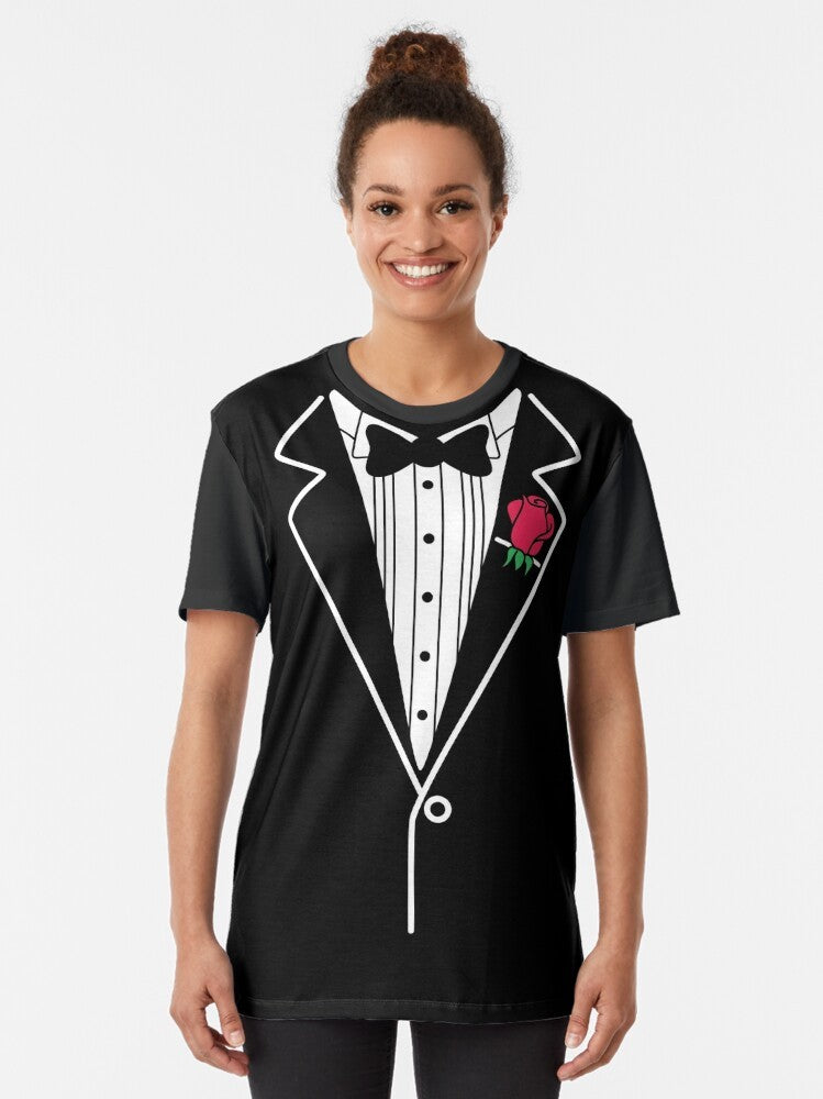 Tuxedo graphic t-shirt with a rose design, a formal and funny men's fashion item - Women