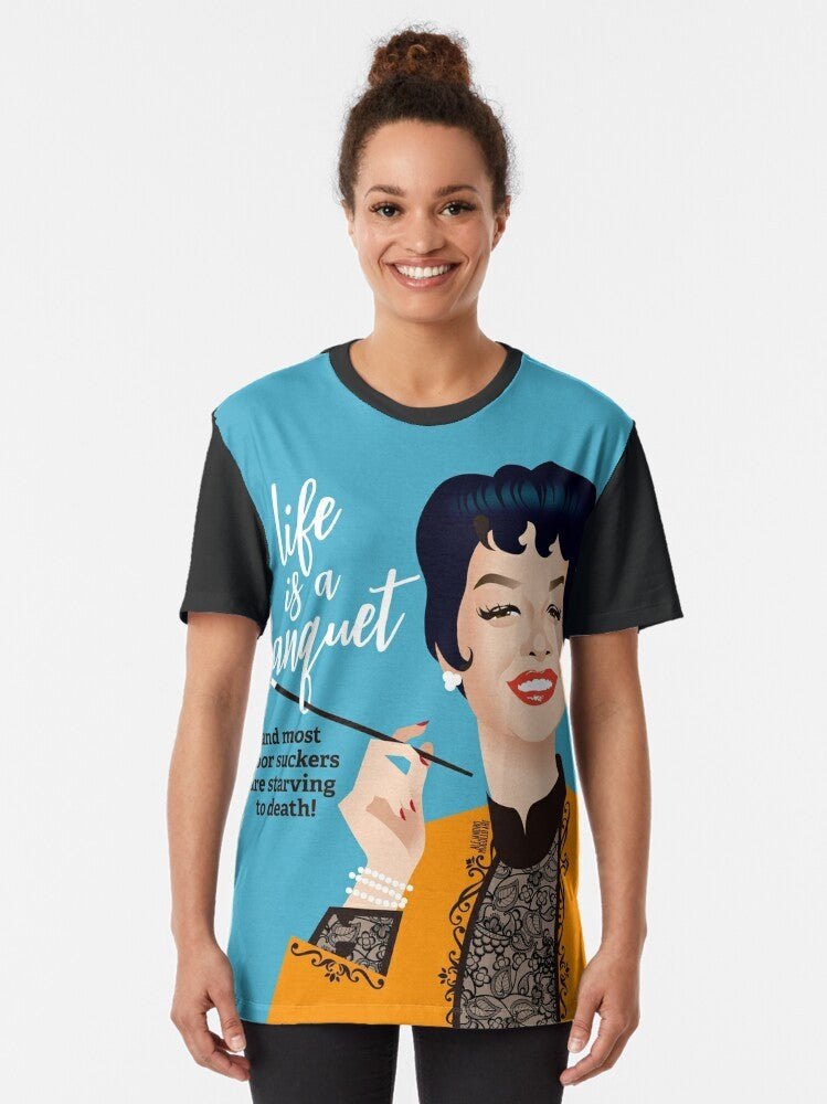 "Banquet!" graphic t-shirt design featuring Rosalind Russell's iconic quote from the movie "Auntie Mame" - Women