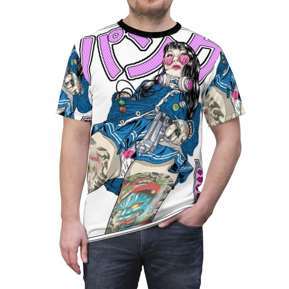 Artistic all-over-print t-shirt design featuring punk rock, Japanese, and pop culture elements - men front