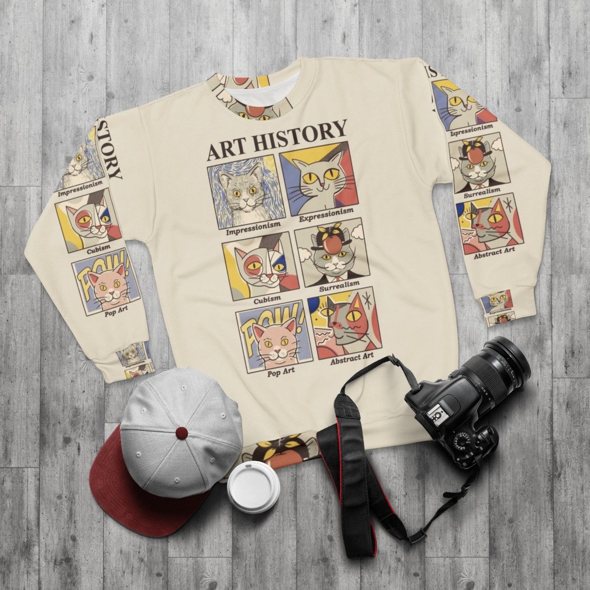 Art History Sweatshirt featuring cats and classic art designs - flat lay