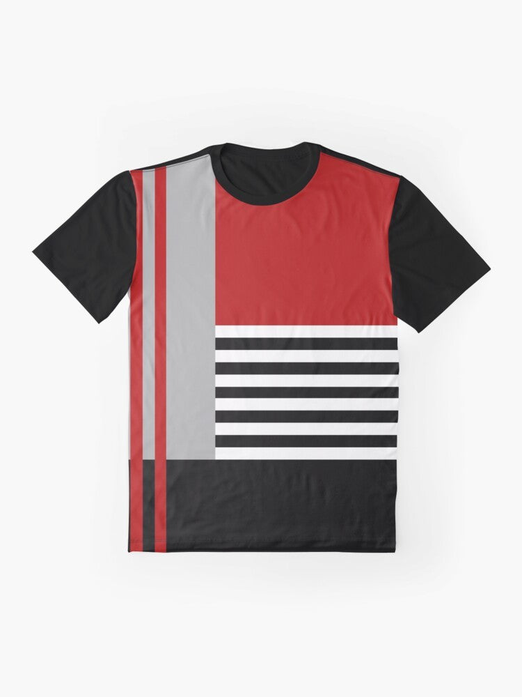 Colorful geometric minimalist design t-shirt featuring abstract patterns and shapes - Flat lay