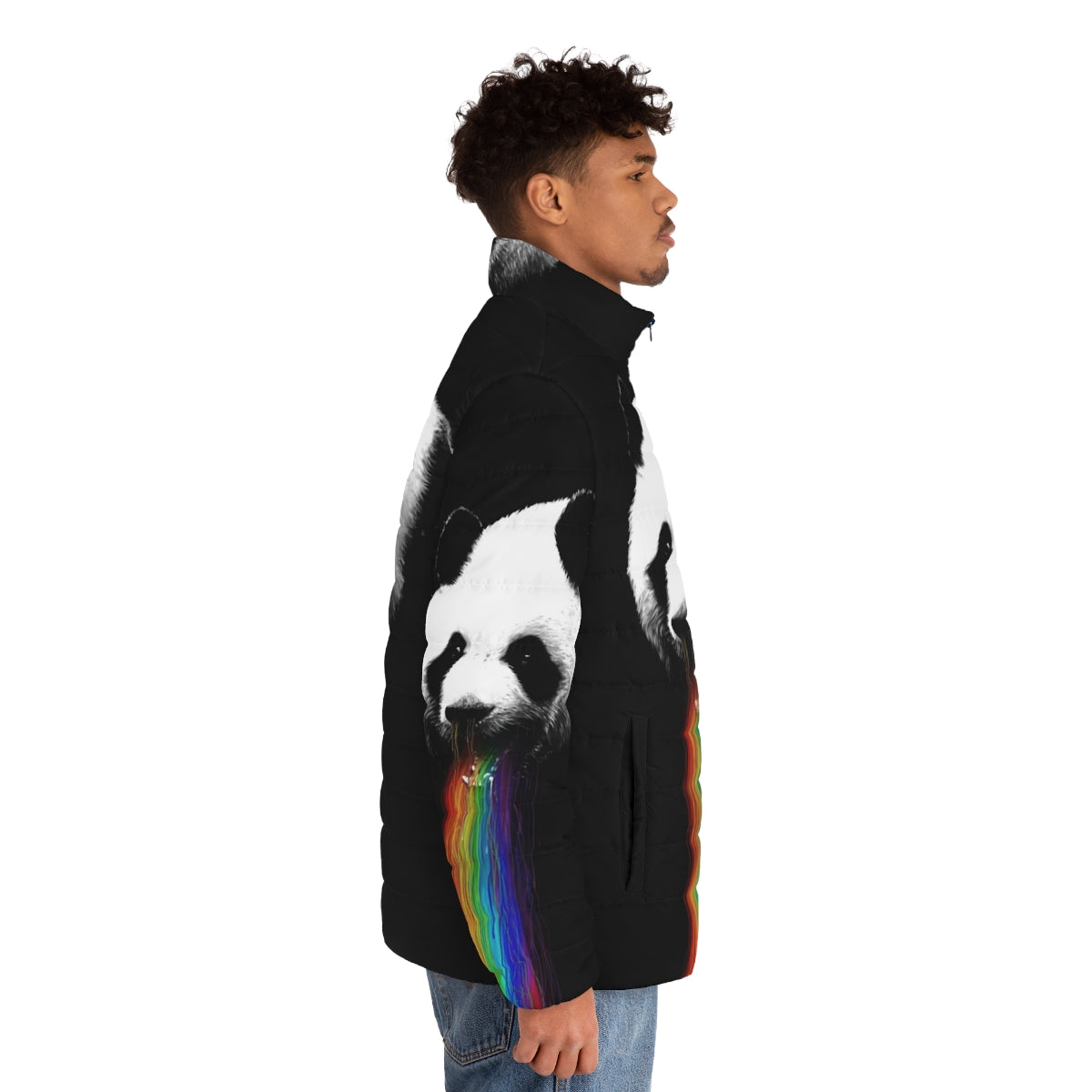 Colorful puffer jacket with panda graphic design - men side right