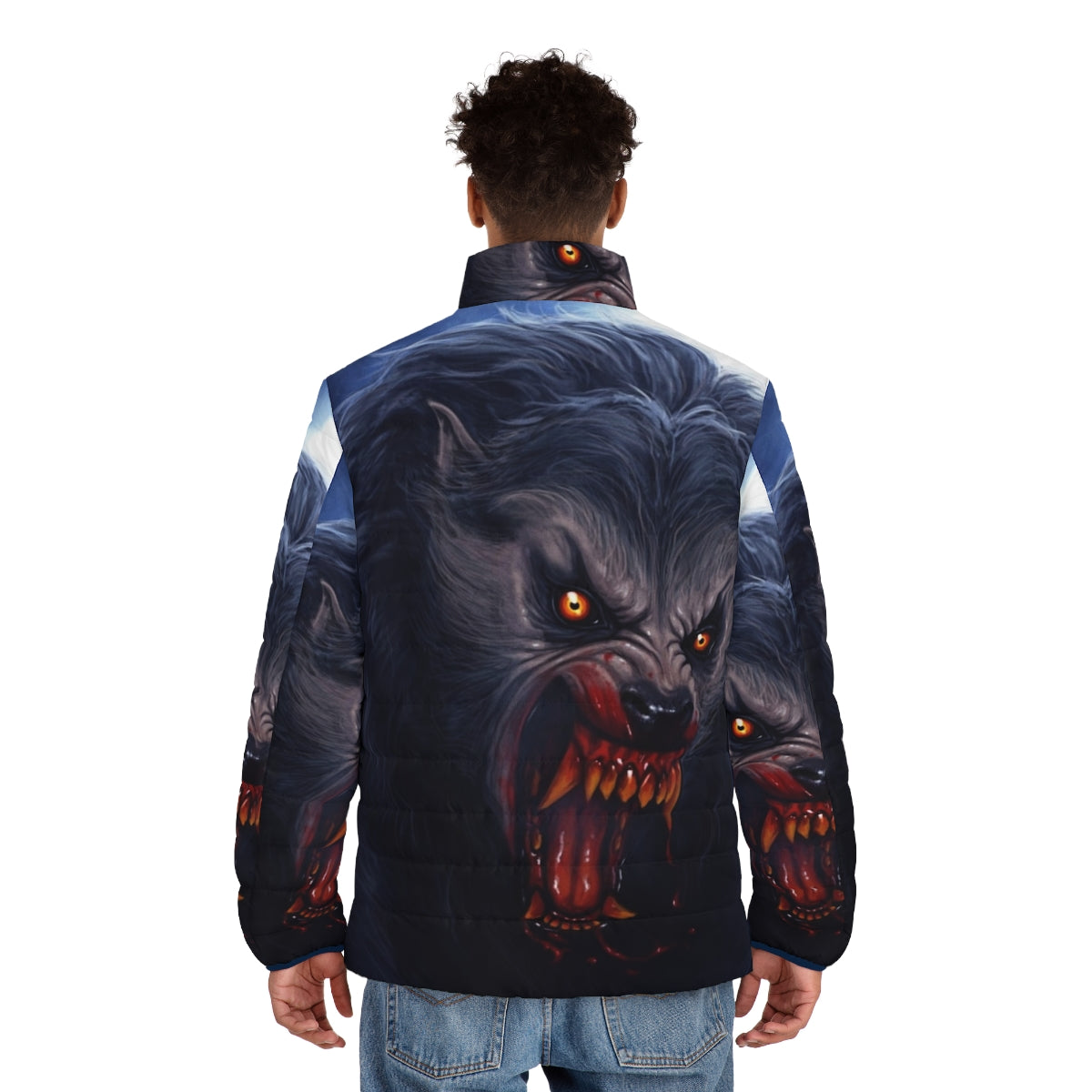 Beware the Moon Puffer Jacket featuring a classic werewolf design - men back