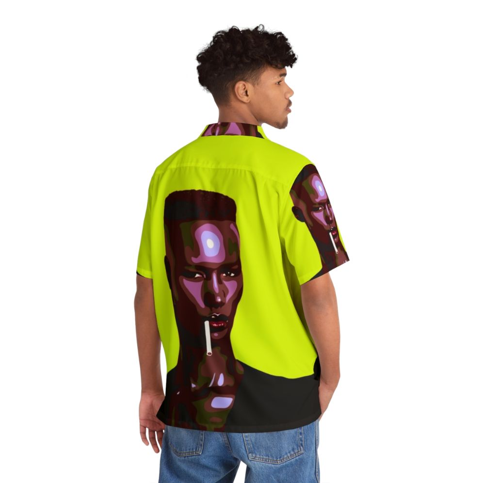 Stylized warm leatherette Hawaiian shirt with 80s music icon - People Back