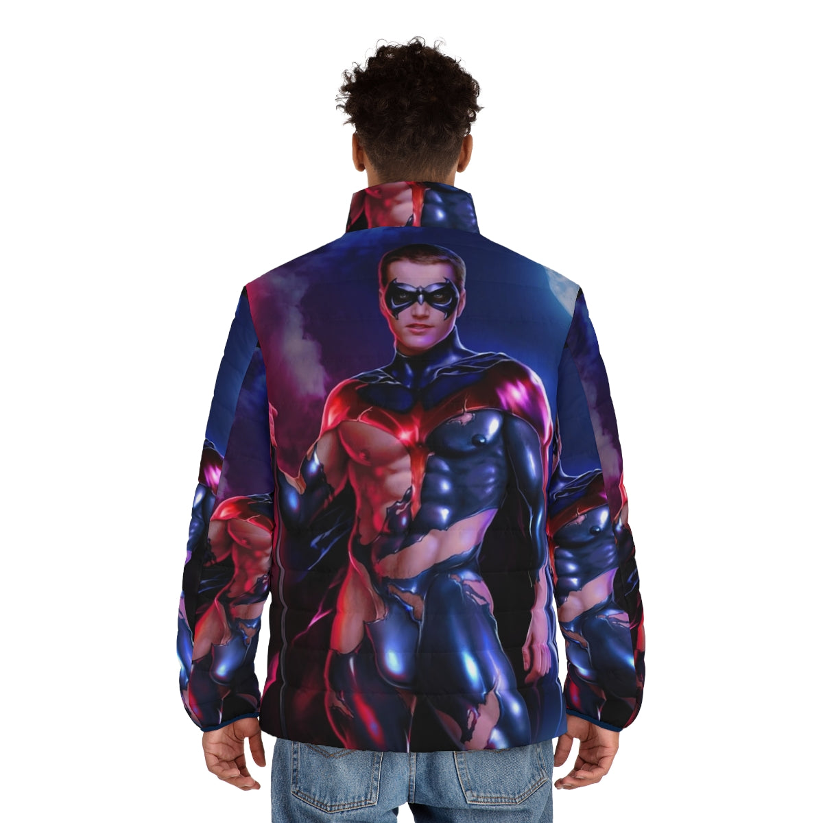 Red puffer jacket with superhero-inspired design - men back