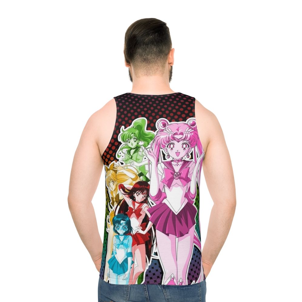 Unisex tank top with anime-inspired, vibrant, retro 90s design - men back