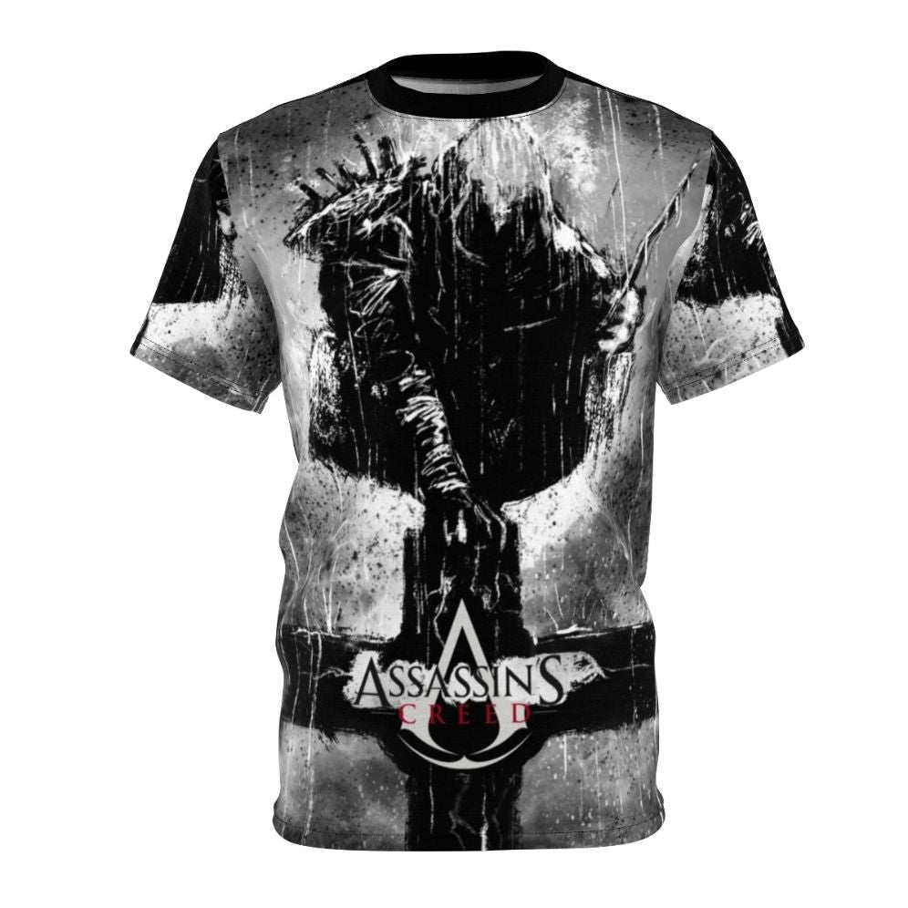 Assassins Creed inspired t-shirt with a cross design in a comic book style