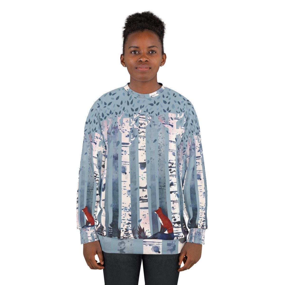 Blue sweatshirt with watercolor painting of birch trees - women