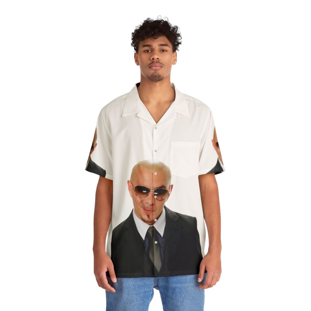 Pitbull themed Hawaiian shirt with tropical print and 305 branding - People Front