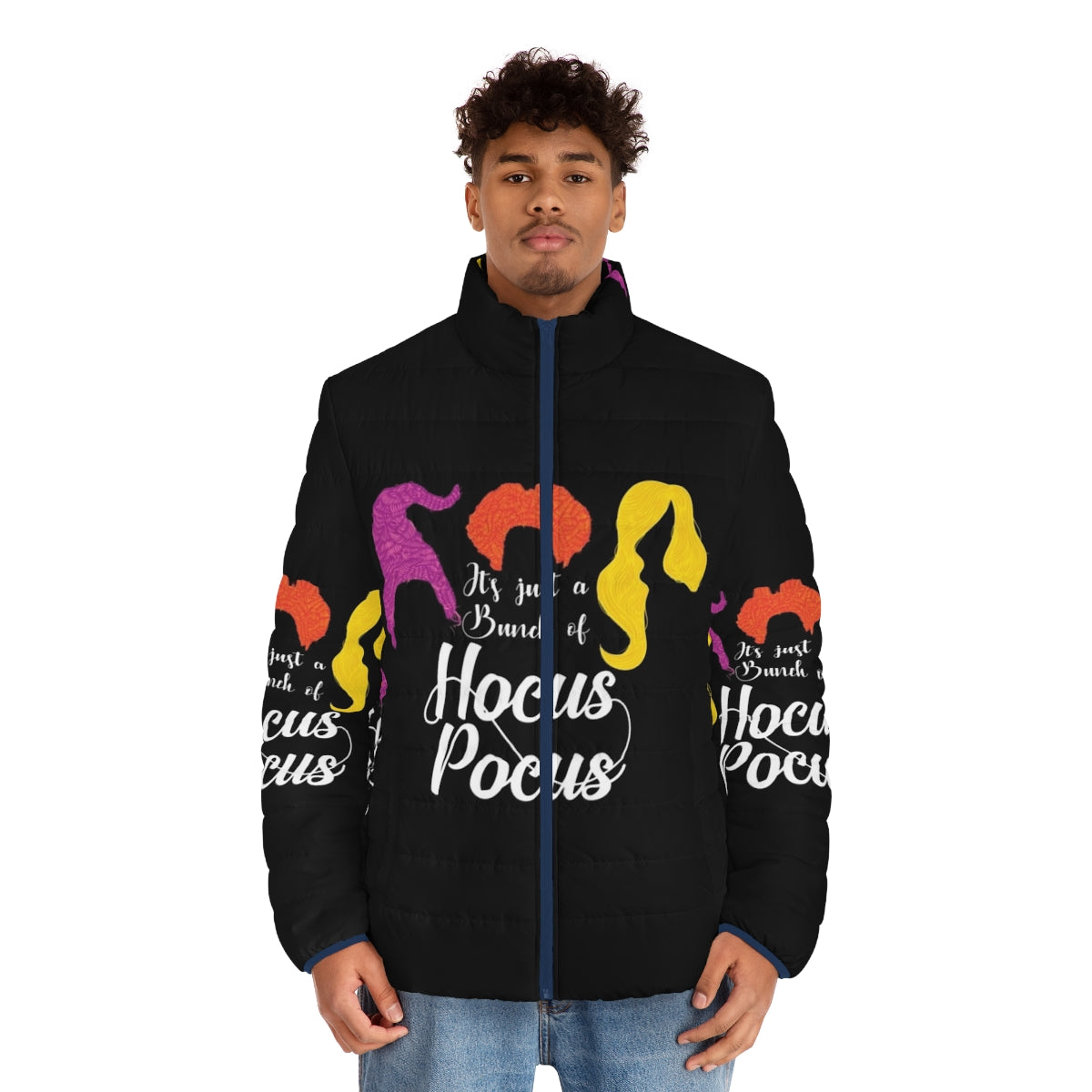 A cozy puffer jacket featuring the iconic "Hocus Pocus" movie logo, perfect for fall and Halloween - men front