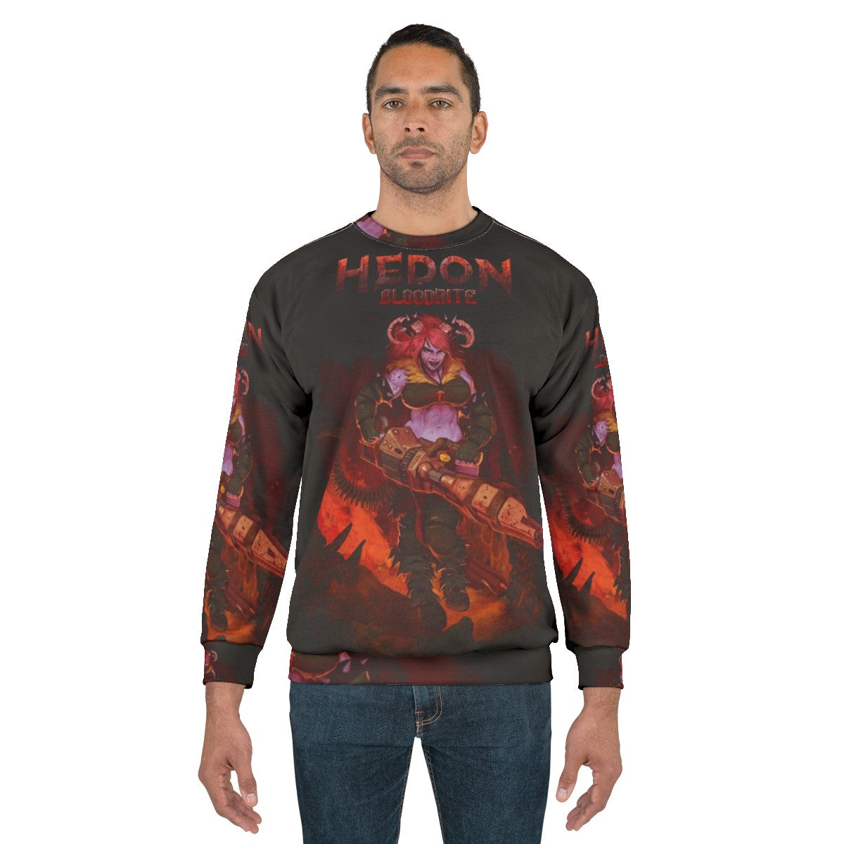 Hedon Bloodrite retro style sweatshirt with demon horns and video game art - men