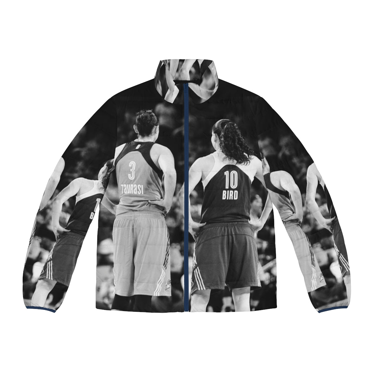 Diana Taurasi and Sue Bird wearing a black and white WNBA puffer jacket