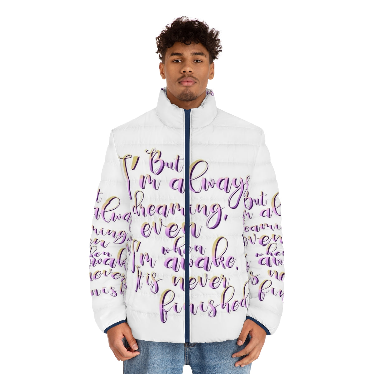 The Last Unicorn Quote Puffer Jacket featuring a whimsical unicorn design - men front