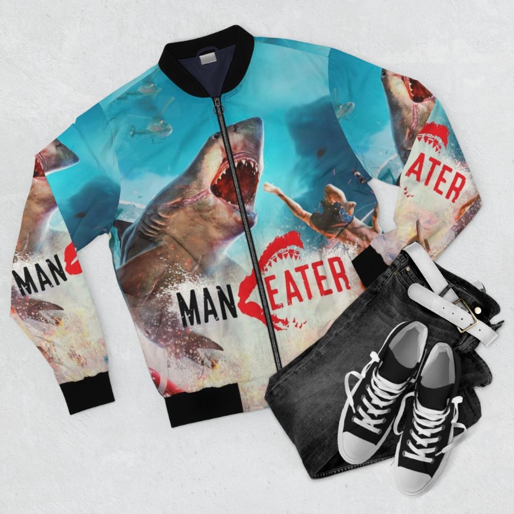 Shark hunter bomber jacket with maneater game and nature design - Flat lay