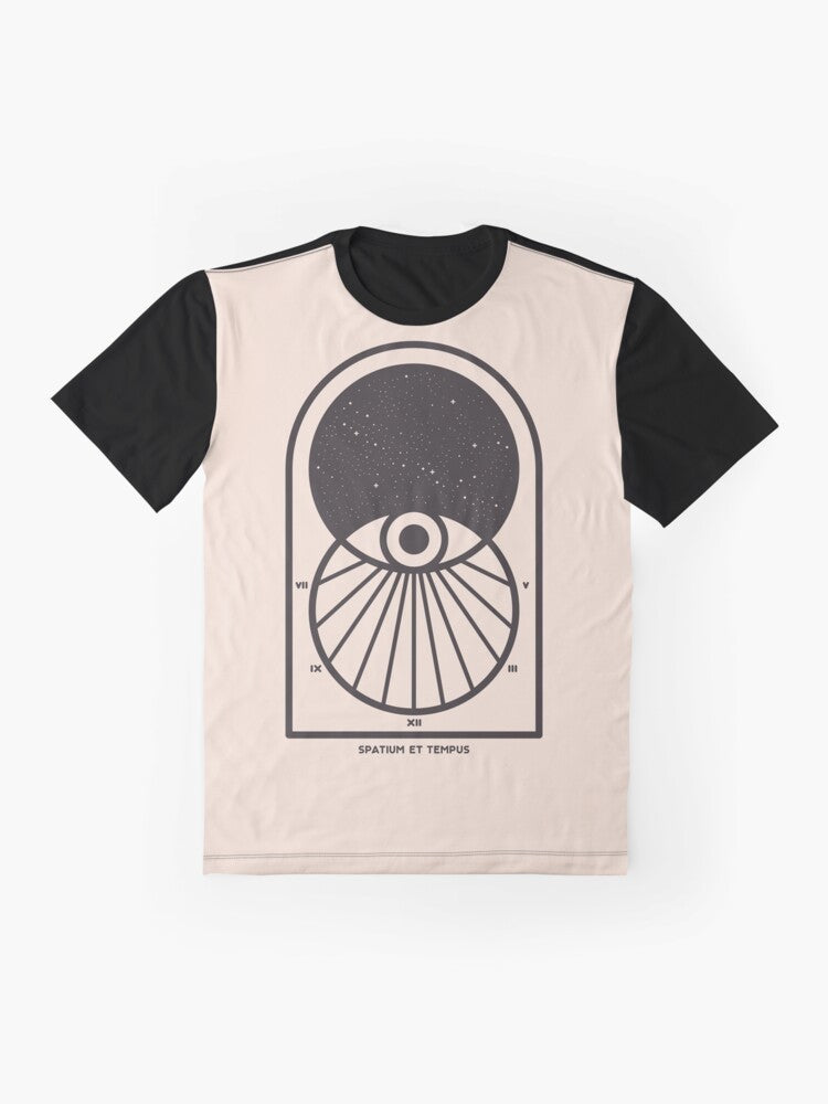 Space and Time Minimalist Graphic T-Shirt featuring a Venn diagram design with the sun, stars, and cosmic elements - Flat lay