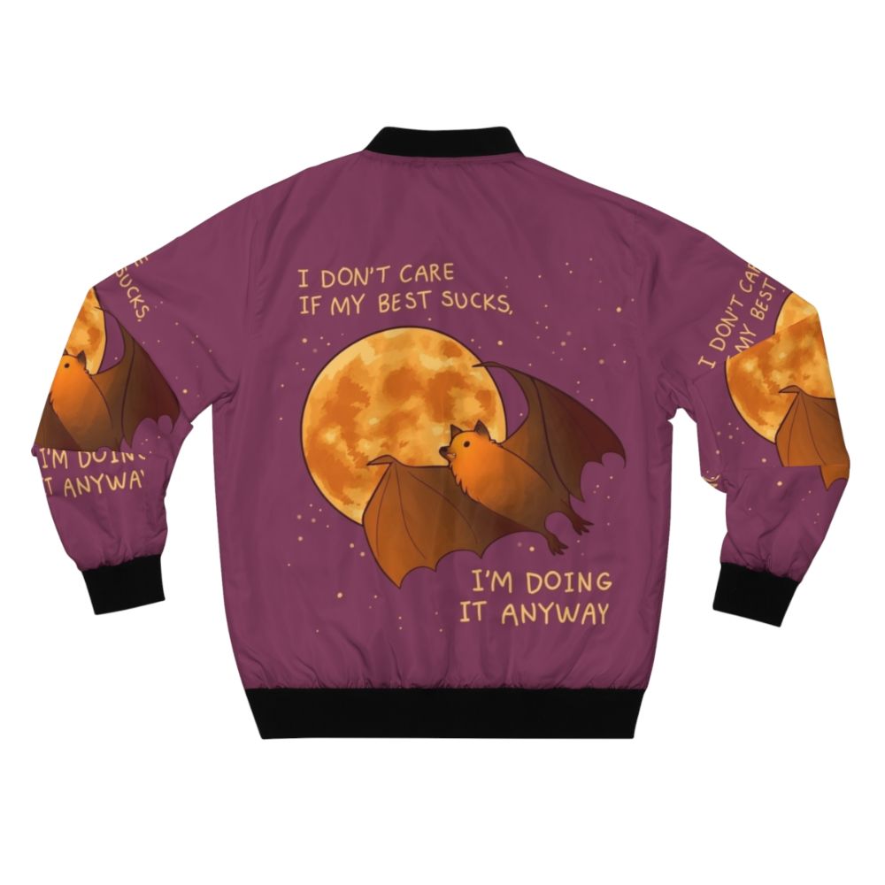 A flying fox bat bomber jacket with a motivational "Mental Health Encouragement" design - Back