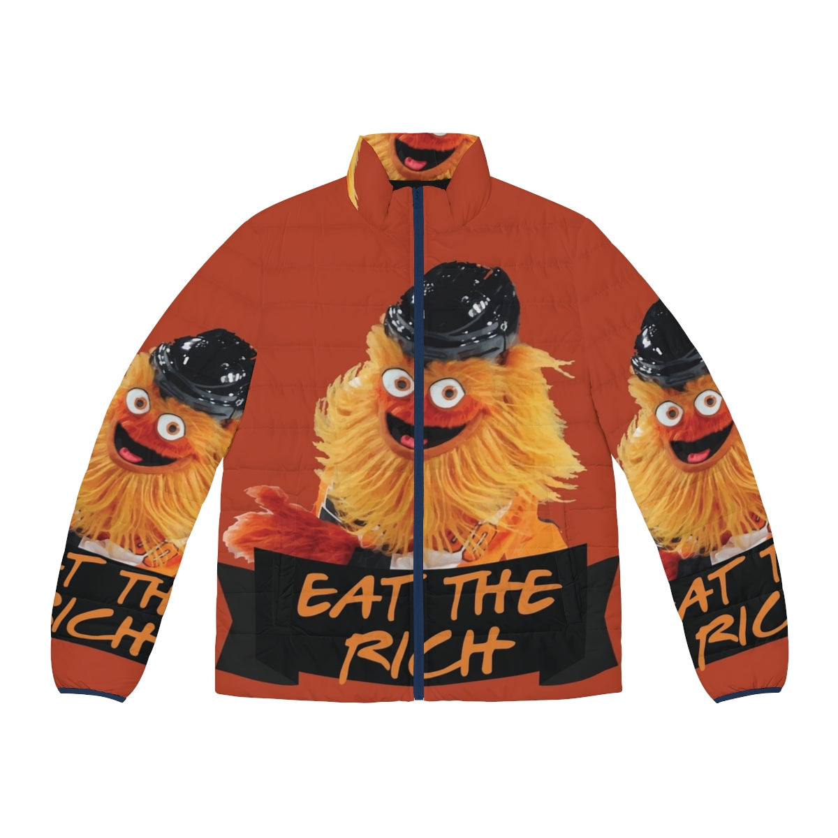 Gritty "Eat The Rich" puffer jacket featuring the Philadelphia Flyers mascot in a humorous, creepy, and unique design