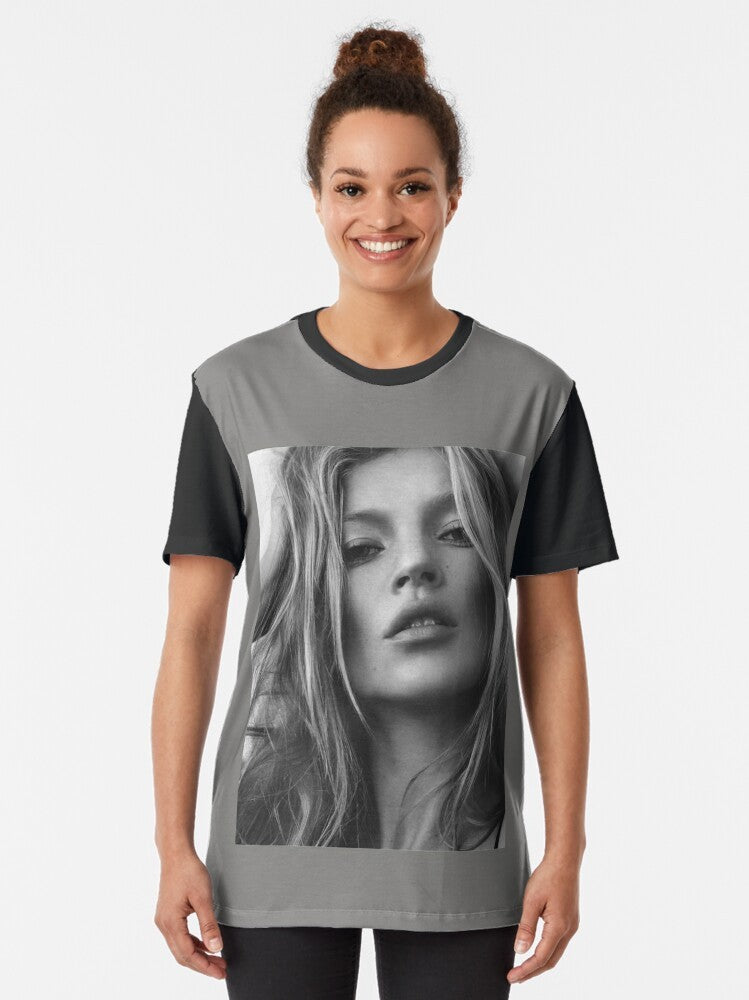 Kate Moss supermodel portrait in black and white graphic t-shirt design - Women