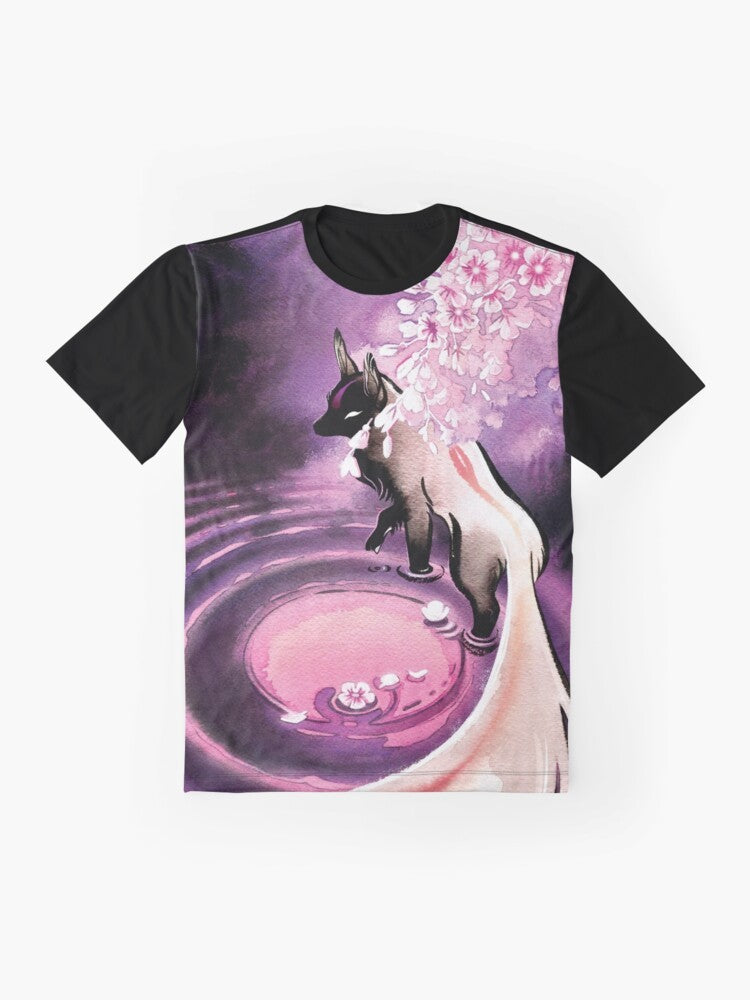 Graphic tee featuring a mystical fox surrounded by cherry blossoms under a rose moon - Flat lay