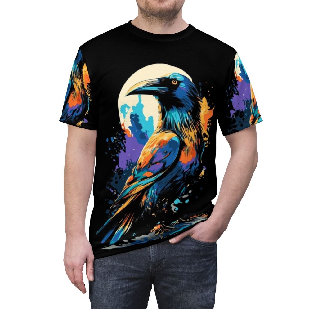 Colorful graphic t-shirt featuring a design of crows and ravens against a dark, moody background. - men front