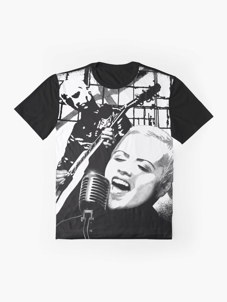 Dolores O'Riordan fan art montage graphic t-shirt in black and white with pen and ink style design - Flat lay