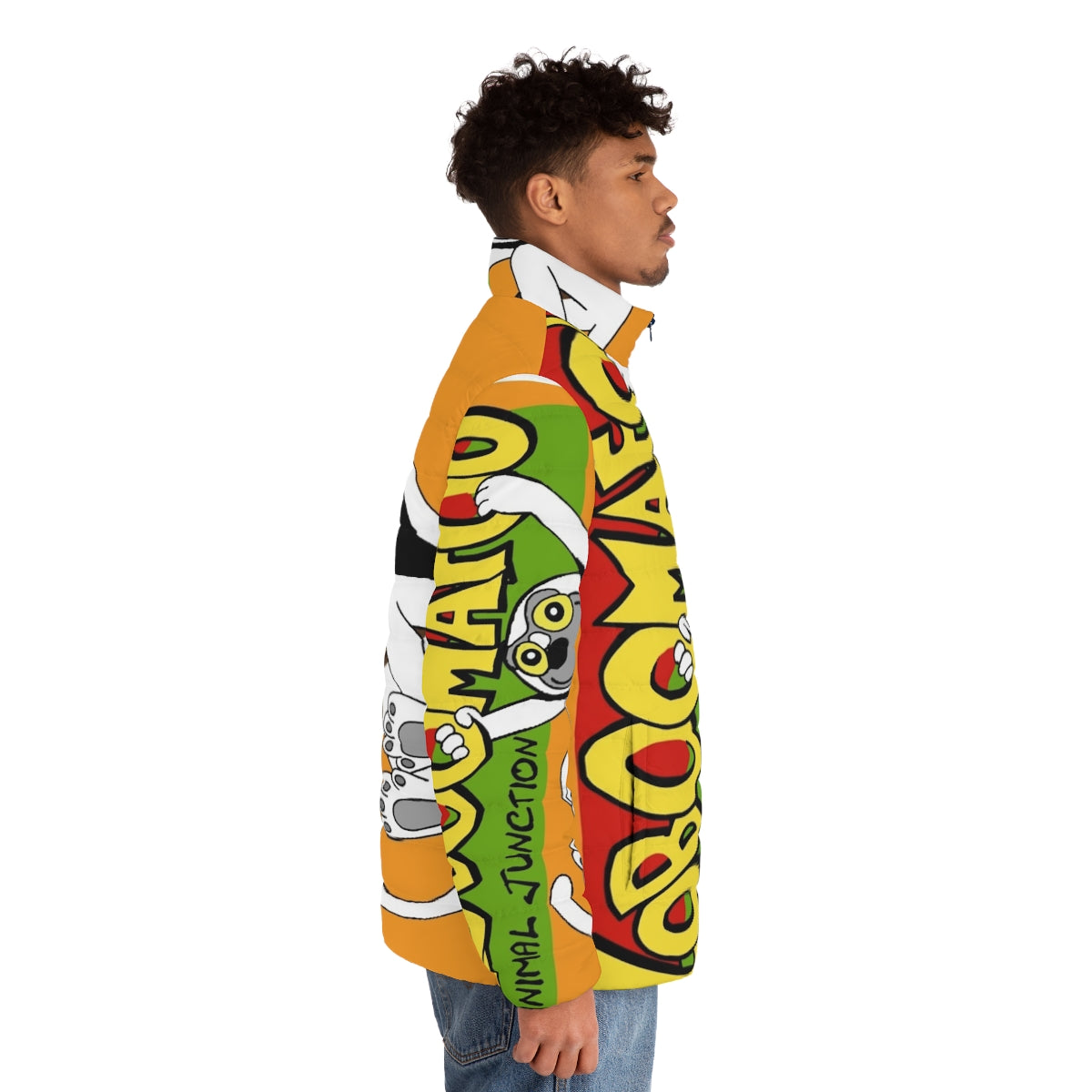 Zoboomafoo-inspired puffer jacket featuring a lemur design - men side right