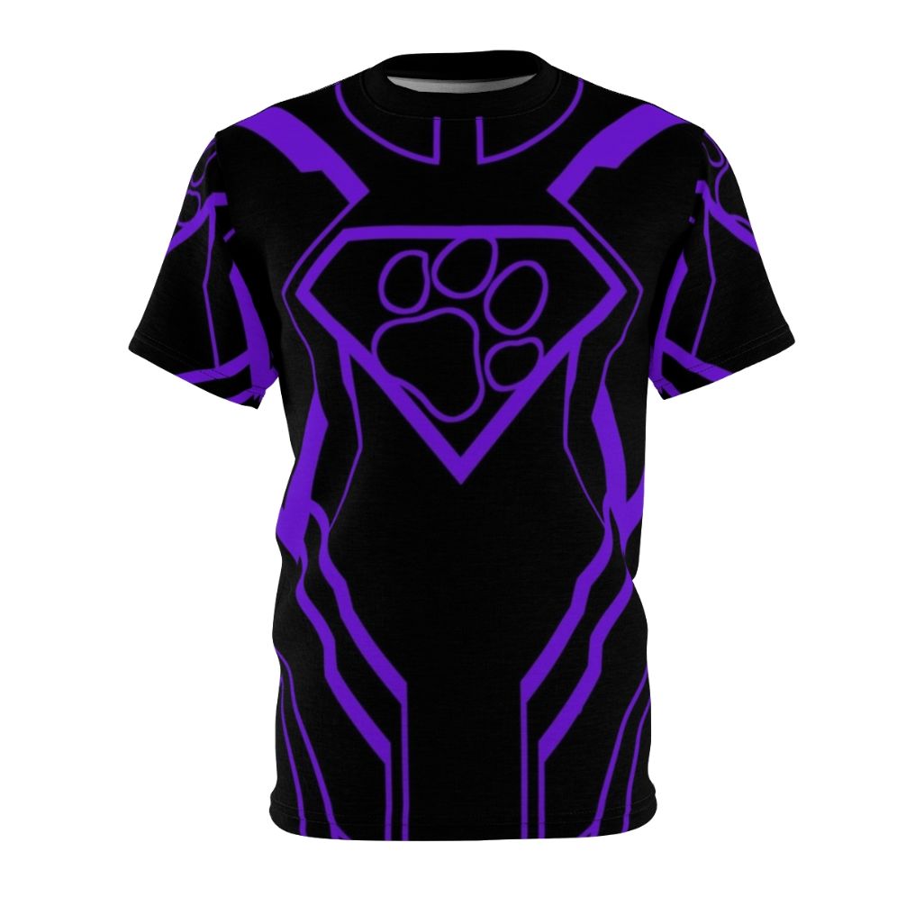 Superpup-inspired purple all-over print t-shirt with superhero and pop culture parody graphics