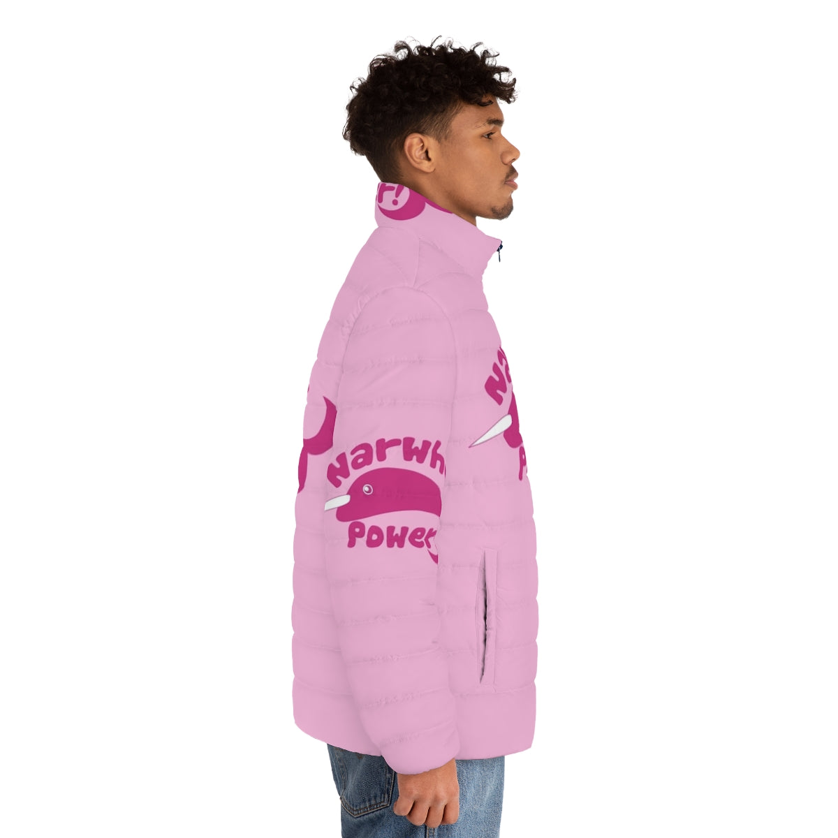 A cozy and stylish narwhal-themed puffer jacket - men side right