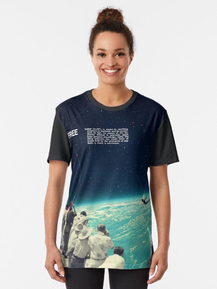 A free graphic t-shirt featuring a surreal, collage-style design with space, people, and retro sci-fi elements. - Women