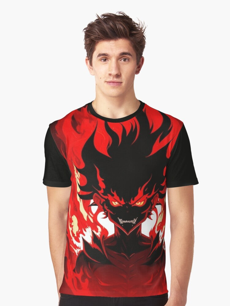 Graphic t-shirt design featuring an anime-inspired demon character surrounded by fiery flames, representing the infernal rhythm of Brazilian phonk music. - Men