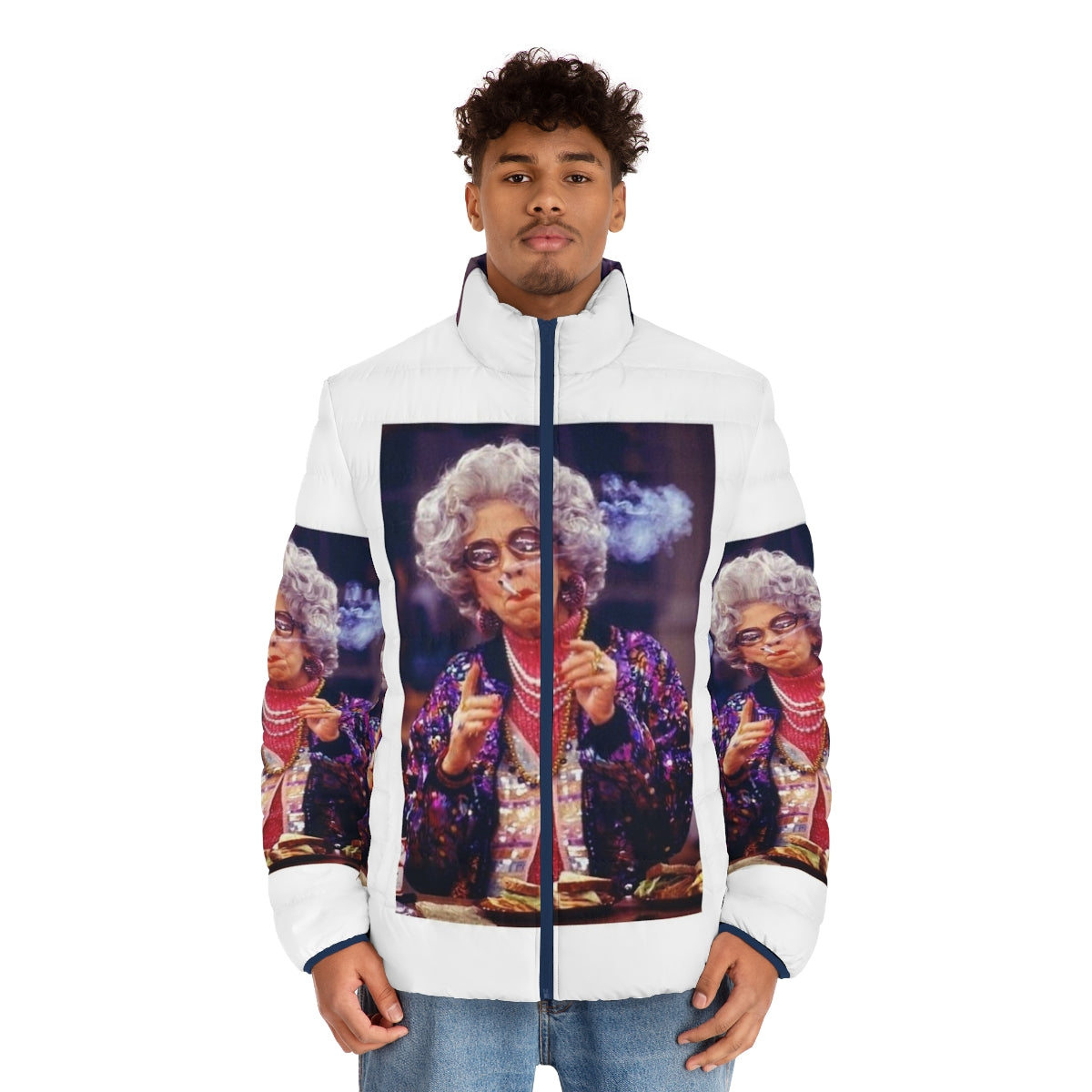 Grandma Yetta inspired 90s puffer jacket with vintage nineties fashion design - men front