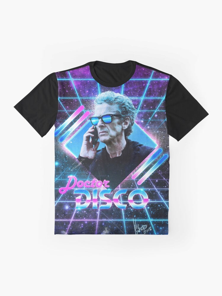 Retro "Doctor DISCO" graphic t-shirt featuring the image of the Twelfth Doctor, Peter Capaldi, in a vibrant, 80s-inspired neon style. - Flat lay