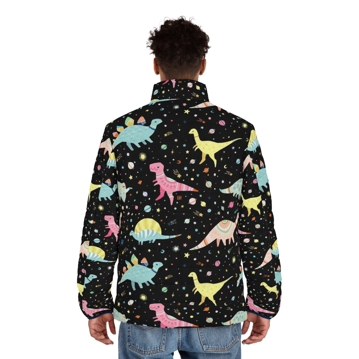 Dinosaur puffer jacket with colorful prehistoric pattern - men back