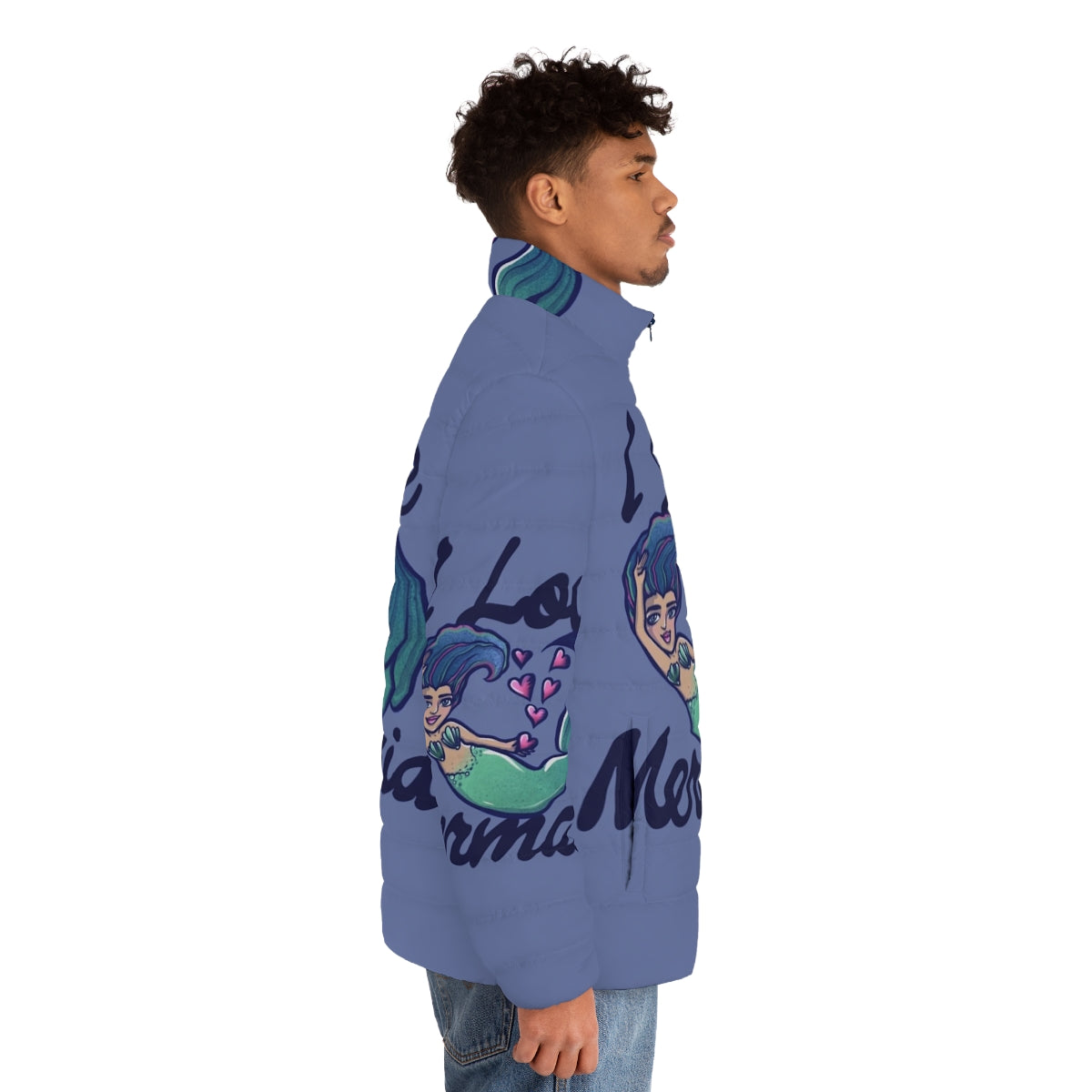 Mermaid puffer jacket with a playful mermaid design for mermaid lovers - men side right