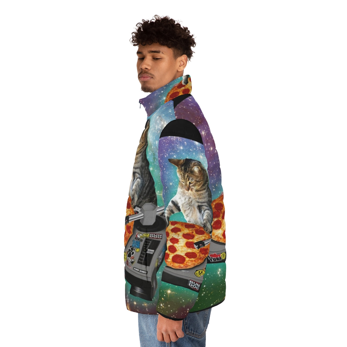 Dj cat pizza puffer jacket with a hilarious meme design - men side left