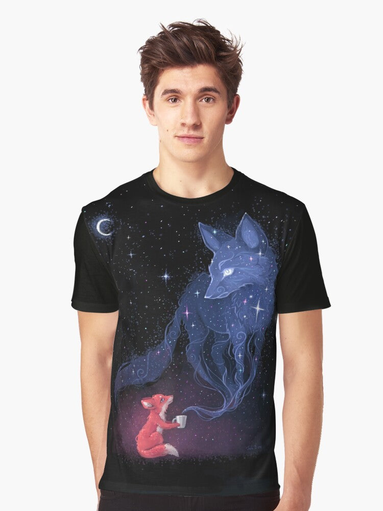 Celestial graphic t-shirt featuring a cute fox character surrounded by stars, moons, and cosmic elements - Men