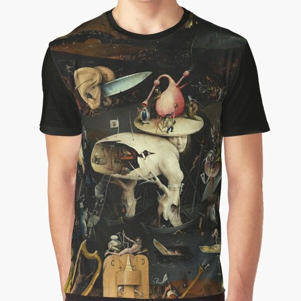 Hieronymus Bosch surreal "Hell" graphic t-shirt featuring fantastical and bizarre elements from the artist's famous painting.