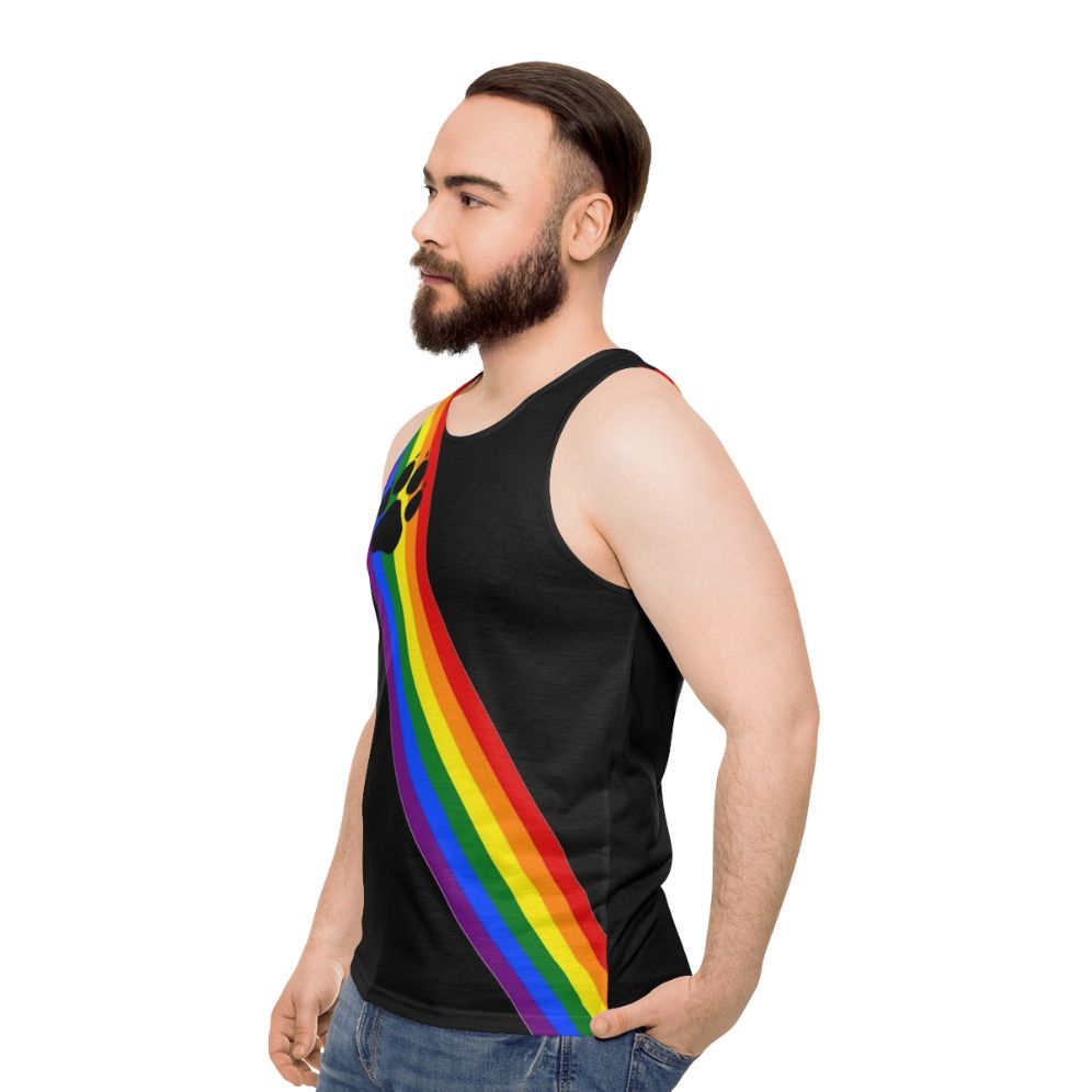 Unisex rainbow pup sash tank top for LGBTQ+ pride - men side