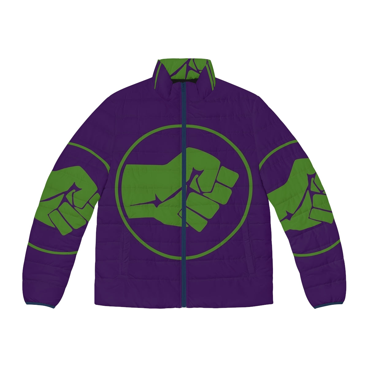 Green puffer jacket featuring the iconic Incredible Hulk smash fist logo