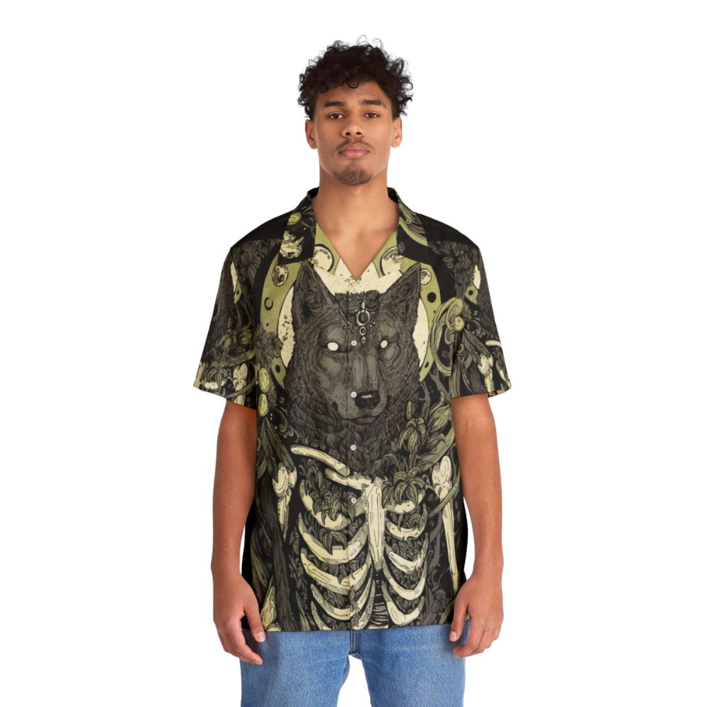 Dark lycanthropy Hawaiian shirt featuring a werewolf wolf and skull skeleton design - People Front