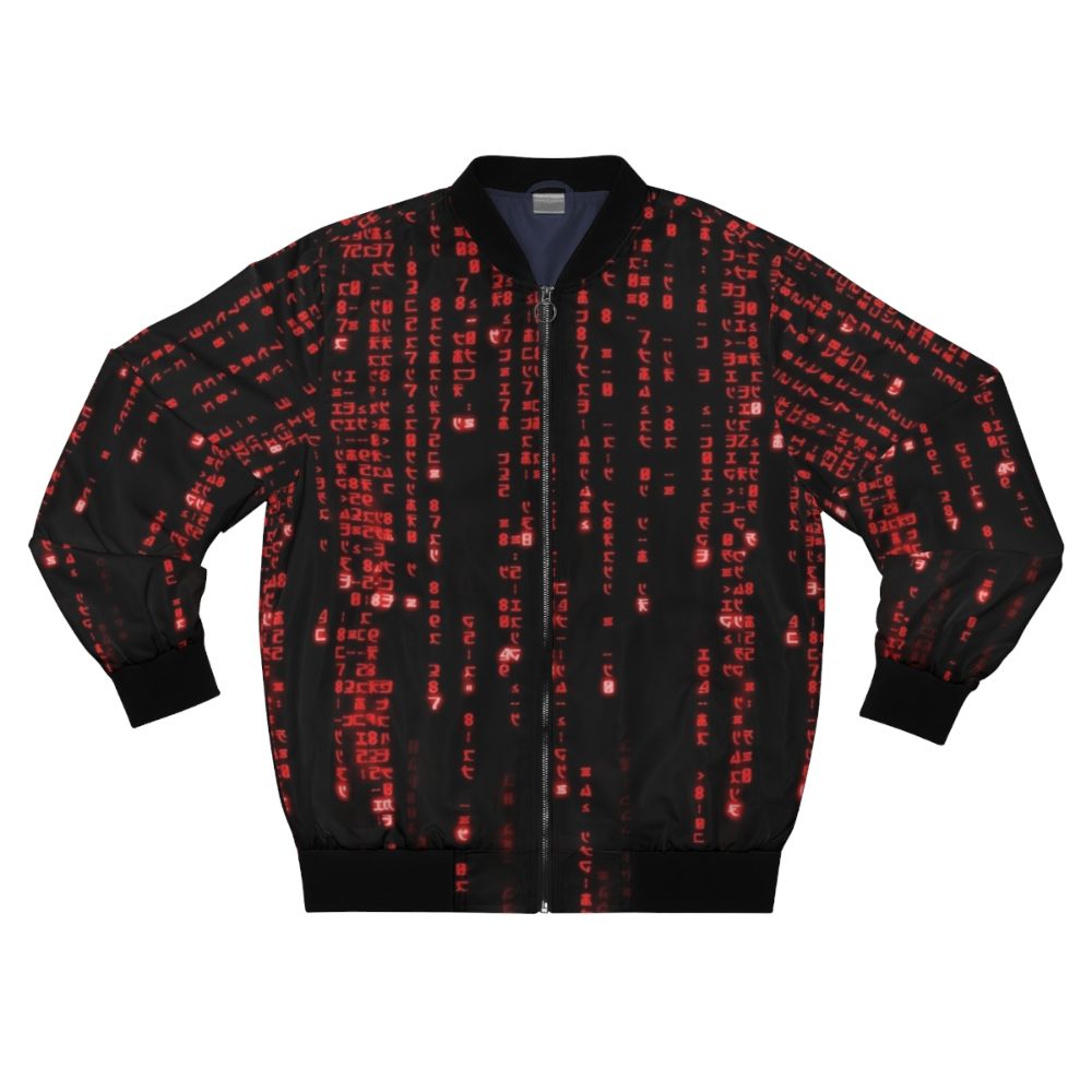 A red bomber jacket featuring a matrix-style binary code graphic design, perfect for tech enthusiasts and fans of futuristic fashion.