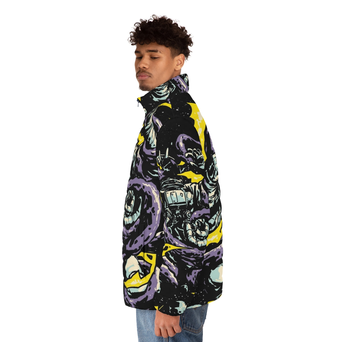 Intergalactic Space Trap Puffer Jacket featuring an astronaut, alien, and cosmic creatures in a digital art style - men side left