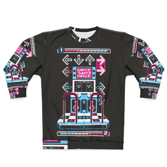 Retro dance arcade sweatshirt with pixel art and 8-bit gaming graphics