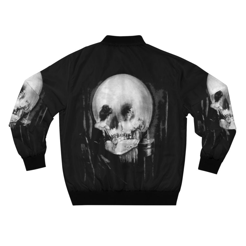 All is Vanity bomber jacket featuring a monochrome skull and skeleton design, inspired by the classic artwork of Charles Allan Gilbert. - Back