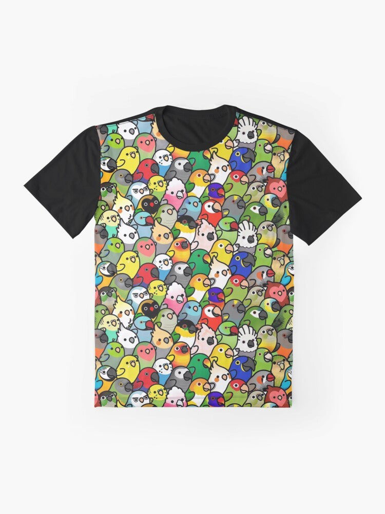 Graphic t-shirt featuring a colorful pattern of various parrot species including cockatiel, cockatoo, and more. - Flat lay