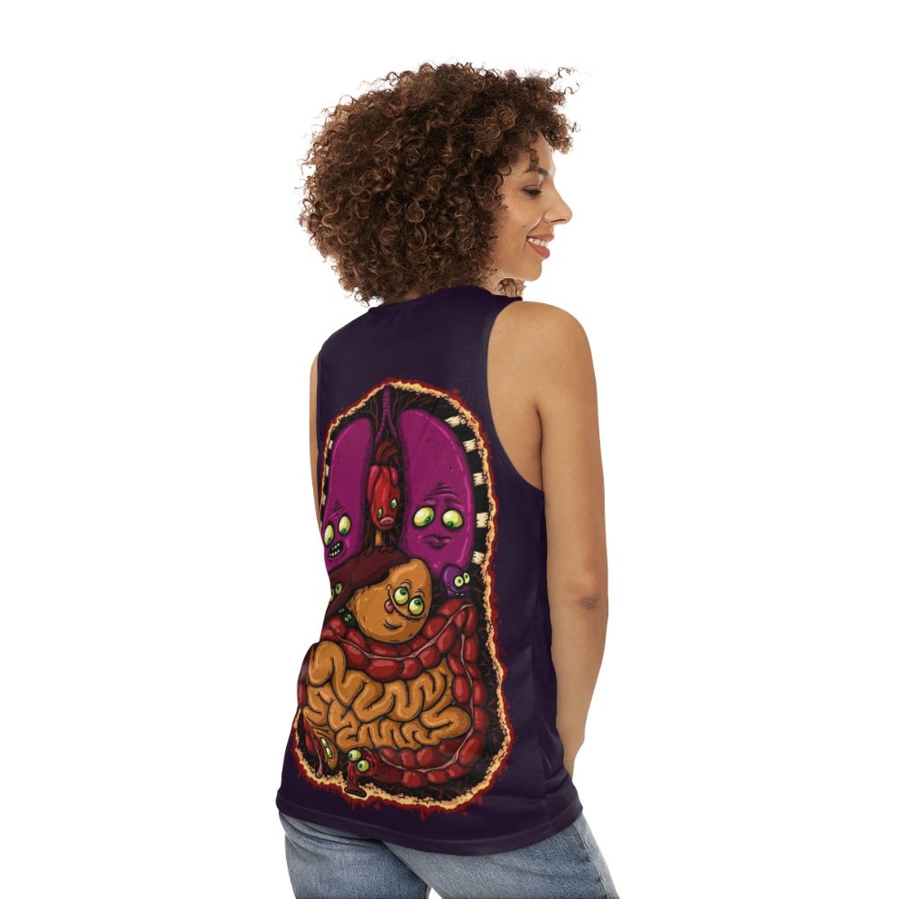 Unisex tank top featuring an anatomical design of internal organs - women back